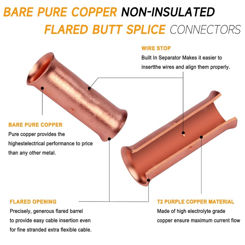 SVAAR 100PCS Flared Open Butt Connectors Kit 4/6/8/12-10 Gauge Butt Splice Connector Non-Insulated Butt Connectors Crimp Pure Copper 50PCS Seamless Barrel Wire Splice Terminals +50PCS 3:1 Heat Shrinks - Image 3